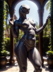 ai_generated alien alien_girl belt black_body black_nipples black_skin breasts female female_sangheili garden genitals halo_(series) jewelry looking_at_viewer marcus64 navel nipples nude pussy sangheili sangussy small_breasts solo standing