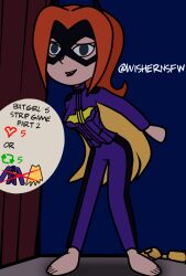 barbara_gordon batgirl batgirl_of_burnside_(comic) blue_eyes clothed dc dc_comics feet feet_up light_skin looking_at_viewer orange_hair red_hair smile strip_game striped stripes wishernsfw