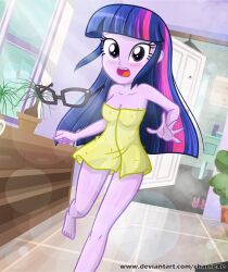 1girls barefoot blush blushing charliexe equestria_girls feet female female_only glasses humanoid_feet long_hair medium_breasts my_little_pony purple_eyes purple_hair purple_skin soles solo solo_female toes towel twilight_sparkle_(mlp) yellow_towel