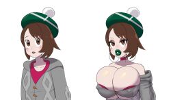 1girls annon bare_shoulders before_and_after big_breasts bimbo bimbo_body bimbo_lips bimbofication bimbofied breast_expansion brown_eyes brown_eyeshadow brown_hair choker cleavage clothed clothed_female clothing earrings eyeshadow female female_only full_lips gloria_(pokemon) green_hat green_lips green_lipstick grey_jacket hat hoop_earrings light-skinned_female light_skin light_skinned_female lip_expansion lipstick makeup nintendo nipple_bulge nipples_visible_through_clothing pink_choker pink_shirt pokemon pokemon_ss short_hair