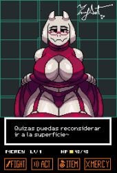 1girls 2d anthro big_breasts breasts cleavage dress dress_lift eyewear female female_only gameplay_mechanics garter_belt garter_straps glasses goat_horns horns huge_breasts legwear looking_at_viewer mature mature_female mature_woman milf mother panties pixel_art plump red_dress red_garter_belt red_garter_straps red_glasses red_panties red_thighhighs solo solo_female spanish_text text text_box thick_thighs thighhighs thighs toriel translated undertale undertale_(series) voluptuous white_body white_skin zeusart