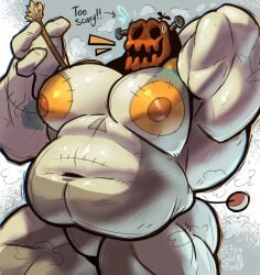 arm_behind_head artist_name ass bara belly big_belly big_breasts big_male breasts breasts chubby chubby_male deltarune deltarune_chapter_4 english_text fat fat_male gay its_coldpizzart jackenstein male male_breasts male_only male_tits navel nipples plump plump_breasts plump_thighs pumpkin_head sweatdrop tail thick_thighs