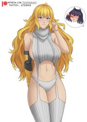 2girls black_hair black_hair_female blake_belladonna blonde_female blonde_hair cat_ears long_hair long_hair_female nosebleed purple_eyes robotic_arm rwby sideboob tehshraid virgin_destroyer_sweater yang_xiao_long