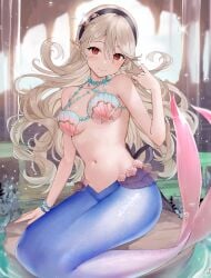 1girls 2024 alternate_costume bare_arms bare_shoulders black_hairband blonde_hair bracelet breasts cleavage closed_mouth commentary corrin_(female)_(fire_emblem) corrin_(fire_emblem) corrin_(fire_emblem)_(female) female female_only fire_emblem fire_emblem_cipher fire_emblem_fates floating_hair grey_hair hair_between_eyes hair_ornament hairband haru_(nakajou-28) highres jewelry light-skinned_female light_skin long_hair looking_at_viewer medium_breasts mermaid mermaid_tail monster_girl monsterification navel nintendo official_alternate_costume pointy_ears red_eyes revision seashell shell shell_bikini sitting solo starfish stomach symbol-only_commentary