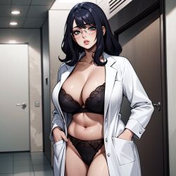 ai_generated blue_eyes busty dark_blue_hair doctor glasses hands_in_pockets labcoat lace-trimmed_bra lace-trimmed_panties large_breasts luscious_lips milf nurse onyx_tyru stable_diffusion tired tired_eyes tummy