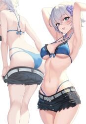 anastasia_(idolmaster) armpits arms_behind_head arms_up ass back bare_back bare_shoulders belt bikini black_shorts blue_bikini blue_eyes blush breasts butt_crack cleavage clothes_pull commentary cutoffs denim denim_shorts facing_back female flower frilled_bikini frills from_behind front-tie_bikini_top front-tie_top grey_hair hair_between_eyes hair_flower hair_ornament hamahama highleg highleg_bikini highres idolmaster idolmaster_cinderella_girls looking_at_viewer median_furrow medium_breasts multi-strapped_bikini multiple_views navel open_mouth pulled_by_self short_hair short_shorts shorts shorts_pull simple_background skindentation smile stomach strap_gap string_bikini swimsuit thighs underboob white_background white_hair