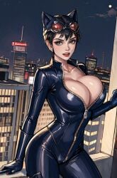 1girls ai_generated antiheroine batman_(series) big_breasts black_hair bodysuit breasts busty catwoman city cleavage collarbone dc dc_comics female goggles green_eyes headgear headwear huge_breasts large_breasts leather lipstick looking_at_viewer night outdoors outside parted_lips rooftop selina_kyle short_hair smile solo superheroine supervillainess tampopo top_heavy undersized_clothes unzipped unzipped_bodysuit villainess zipper