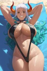 1girls ai_generated amiral_ai armpits arms_up breasts female female_only hips horns huge_breasts light-skinned_female light_skin naughty_face one_piece outdoors presenting_armpit sling_bikini stable_diffusion thick_thighs thighs wet wide_hips yamato_(one_piece)