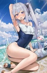 ai_generated armpits bare_thighs barefoot beach blue_archive krensama long_hair lying_on_side miyako_(blue_archive) miyako_(swimsuit)_(blue_archive) ocean one-piece_swimsuit petite petite_body petite_female purple_eyes rabbit_squad_(blue_archive) sandals seaside sitting sitting_on_floor slim_waist small_breasts splashing srt_special_academy_student teenager white_hair