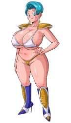 1girls big_ass big_breasts bikini_armor bulma_briefs bulma_briefs_(gt_saga) child_bearing_hips dragon_ball dragon_ball_gt earrings female_only lipstick milf panarandom saiyan_armor smile smirk thick_thighs thong