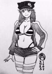 1girls asuka_langley_sohryu big_breasts bikini bikini_top bikini_top_only busty cleavage hand_on_hip hat holi_day_las large_breasts long_hair midriff navel neon_genesis_evangelion open_jacket rebuild_of_evangelion shorts sketch sketch_page smile smiling_at_viewer socks stripped_socks swimsuit teenager thigh_socks thighhighs thong traditional_media_(artwork) white_socks