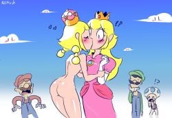 ass blonde_hair blush breast clouds confused exhibitionism female heart kissing luigi male mario mario_(series) naked nekuzx new_super_mario_bros._u_deluxe nude nude_female outdoors peachette princess_peach public_nudity super_mario_bros. suprised toadette yuri