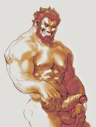 1boy abs bara beard boner completely_nude erection facial_hair facing_viewer fate/grand_order fate_(series) full_beard girthy_penis grin highres iskandar_(fate) kotei_haijin large_pectorals male_focus male_only mature_male muscular muscular_male nipples nude pectorals penis precum precum_drip red_hair smile solo thick_beard thick_eyebrows uncensored veins veiny_arms