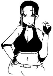 1girls arm_up black_and_white black_topwear braid braided_ponytail breasts cargo_shorts choker cleavage crop_top female greyscale hand_on_hip lara_croft lara_croft_(classic) large_breasts leebongchun low_res midriff monochrome navel ponytail shorts sidelocks solo tomb_raider