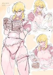 1boy apron baking bare_thighs blonde_hair book cake chocolate eldigan_(fire_emblem) femboy fire_emblem fire_emblem:_genealogy_of_the_holy_war male male_only medium_hair musical_note nintendo nipples panties reading smile solo ta_dasu_(tadasu_hayashi) thighs underwear yellow_eyes