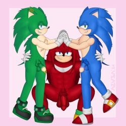 anthro archie_comics azusagp balls clothed clothing digital_media_(artwork) ear_piercing echidna eulipotyphlan foreskin fur genital_piercing genitals gloves green_body group group_sex hair handwear hedgehog hi_res knuckles_the_echidna looking_at_viewer male male/male male_only mammal monotreme penis penis_piercing piercing prince_albert_piercing pubes scourge_the_hedgehog sega sex simple_background smile smiling_at_viewer sonic_(series) sonic_the_hedgehog sonic_the_hedgehog_(archie) sonic_the_hedgehog_(comics) sonic_the_hedgehog_(series) threesome trio