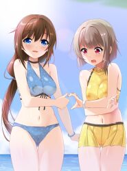 2girls ass_visible_through_thighs bikini bikini_skirt blue_bikini blue_eyes blue_sky blush bodypaint bracelet breasts brown_hair bunji cloud completely_nude hair_ornament hair_scrunchie heart heart_hands heart_hands_duo heart_hands_failure highres jewelry light_brown_hair long_hair looking_at_viewer looking_down love_live! love_live!_nijigasaki_high_school_idol_club medium_breasts multiple_girls nakasu_kasumi navel nipples nude open_mouth ousaka_shizuku outdoors painted_clothes pearl_bracelet polka_dot polka_dot_bikini pussy red_eyes scrunchie short_hair sky standing swimsuit thumbs_up water yellow_bikini