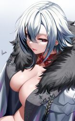 absurdres arlecchino_(genshin_impact) bangs bikini black_hair blush breasts cleavage coat coat_on_shoulders collarbone female fur-trimmed_coat fur_trim genshin_impact grey_eyes grey_hair hair_between_eyes highres large_breasts looking_at_viewer multicolored_hair piukute062 red_pupils short_hair solo streaked_hair swimsuit symbol-shaped_pupils white_bikini white_coat x-shaped_pupils