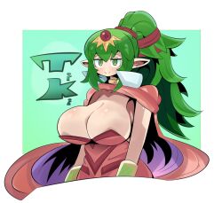 1girls breasts cleavage covering deep_cleavage dragodragodran dragon_fire-mediacross english_text female female_only fire_emblem fire_emblem_awakening green_eyes green_hair huge_breasts large_breasts long_hair looking_at_viewer nintendo pointy_ears ponytail smile solo text tiki_(adult)_(fire_emblem) tiki_(fire_emblem) very_long_hair