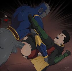 batman batman_(bruce_wayne) batman_(series) bruce_wayne damian_wayne damian_wayne_(dcamu) darkseid dc dc_comics gay gay_domination gay_sex huge_cock male nsfw reiner55 robin_(damian_wayne) robin_(dc) spandex spandex_suit torn_clothes torn_clothing unmasked yaoi