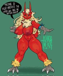 2024 anthro big_breasts blaziken breasts dialogue female furry game_freak green_background hurner nintendo pokemon pokemon_(species) solo speech_bubble text thick_thighs wide_hips