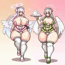2girls alternate_ass_size alternate_body_type alternate_breast_size alternate_costume angel angel_wings animated blinking blue_archive bottom_heavy bouncing_breasts cameltoe gif gigantic_ass gigantic_breasts gigantic_thighs halo holding_tray hyper_ass large_breasts mika_(blue_archive) nagisa_(blue_archive) smile sprite sprite_art take_your_pick tea_cup tea_party_(blue_archive) teapot thick_thighs tray trinity_general_school_student walking wet_tea wide_hips