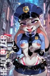 1girls ai_generated alley alleyway anthro blush breasts disney female furry handcuffs headletzer judy_hopps lagomorph looking_at_viewer miniskirt nipple_piercing police_uniform purple_eyes rabbit tagme zootopia