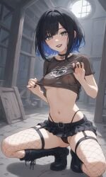 ai_generated black_hair blue_hair boots breasts choker clothes_pull collar covered_nipples crop_top female fishnets goth goth_girl grey_eyes hand_on_hip highlights_(coloring) makeup miniskirt navel original_character pale_skin pulling_clothing punk punk_girl see-through_clothing see-through_top squatting thong thong_panties