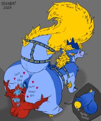 1boy 1futa against_surface against_wall anthro anus ass balls bat bat_nose belly big_butt big_tail blue_body blue_fur blue_penis bluewe bluewe_(yeenbat) blush butt_grab butt_sniffing butt_squish dragon duo face_in_ass femboy feral foreskin fur futanari genitals hair hand_on_butt harness hi_res high-angle_view horn humanoid_genitalia humanoid_penis hyena intersex male mammal mane markings mythological_creature mythological_scalie mythology nose_on_butt penis pressed_against puffy_anus red_body red_fur ruby_(yeenbat) scalie slightly_chubby slightly_chubby_male smirking_at_partner smug smug_face sniffing squish striped_hair tail thick_tail whisker_markings whiskers yeenbat yellow_body yellow_eyes yellow_fur