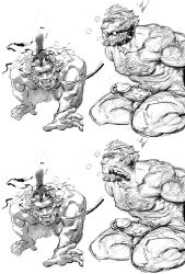 2boys abs arm_hair ball_gag bara beard bondage boner bound chest_hair collage crawling deepthroat erection facial_hair fate/grand_order fate_(series) fellatio from_side full_beard gag greyscale hairy highres iskandar_(fate) kneeling kotei_haijin large_pectorals leash leg_hair lightning male_focus male_only mature_male monochrome multiple_boys muscular muscular_male nipples nude oral pectorals penis penis_piercing pet_play piercing profile red_hair smile solo_focus squeans thick_beard thick_eyebrows yaoi