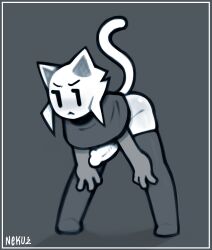 1boy :< bent_over domestic_cat felid feline felis femboy hi_res humanoid hung_trap male male_only mammal monochrome nekuzx neve_(nekuzx) neve_the_half-beast no_humans simple_eyes solo