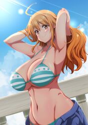 adjusting_hair ahoge armpits arms_behind_head arms_up bad_id bad_twitter_id bikini bikini_under_clothes blue_pants blue_sky blush breasts cloud cloudy_sky collarbone commentary_request curvy denim dutch_angle female female_only groin hair_between_eyes inactive_account jeans kojirou! large_breasts long_hair looking_at_viewer nami nami_(one_piece) navel one_piece open_pants orange_eyes orange_hair outdoors pants post-timeskip shiny_skin sky smile solo stomach striped_bikini striped_clothes sunlight swimsuit