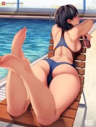 big_ass black_hair dokkaebi_(rainbow_six) feet_up female_only looking_at_viewer mwood one-piece_swimsuit rainbow_six rainbow_six_siege swimming_pool swimsuit thick_thighs