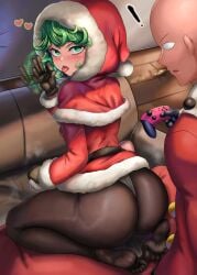 1boy 1girls ass big_ass christmas christmas_outfit curly_hair fair6805 fellatio_gesture green_eyes green_hair kneeling looking_back looking_back_at_partner one-punch_man rkrk12 saitama tatsumaki tongue_out