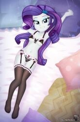 1girls bed black_bra black_legwear black_lingerie black_panties blue_eyes boobs bra breasts charliexe curvaceous curvy equestria_girls female female_only laying_on_bed lingerie long_hair looking_at_viewer medium_breasts my_little_pony panties purple_hair rarity_(mlp) solo tits white_skin