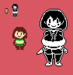 big_breasts breasts breasts_bigger_than_head brown_hair chara closed_eyes female female_only gigantic_breasts pixel_art pixiv ranbow red_eyes shortstack tagme undertale undertale_(series)