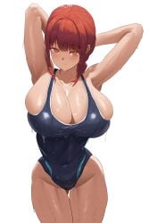 1girls ai_generated alternate_breast_size amiral_ai armpits breasts busty chainsaw_man female hi_res huge_breasts light-skinned_female light_skin makima_(chainsaw_man) naughty_face one-piece_swimsuit presenting_armpit red_hair stable_diffusion swimsuit yellow_eyes