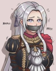 1girls alyshie bdsm blush bondage breasts edelgard_von_hresvelg female female_only femsub fire_emblem fire_emblem:_three_houses gag garreg_mach_monastery_uniform grey_hair long_hair looking_at_viewer medium_breasts nintendo purple_eyes rope solo struggling tape_gag very_long_hair