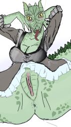 animal_humanoid anthro anus argonian bethesda_softworks bottomless bottomwear clothed clothing deraban female genitals green_body hands_behind_head hi_res horn humanoid looking_at_viewer lusty_argonian_maid maid_uniform partially_clothed presenting presenting_pussy pussy pussy_focus reptile reptile_humanoid scales scalie scalie_humanoid simple_background simple_coloring skirt skyrim solo solo_focus spread_legs spreading tail the_elder_scrolls tongue tongue_out uniform video_games yellow_eyes