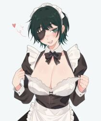 big_breasts blush bow chainsaw_man eyepatch flirting flirting_look flirting_with_viewer flirty green_hair heart himeno_(chainsaw_man) maid maid_headdress maid_outfit maid_uniform ms_tsukii pulling_clothing pulling_down_top tease teasing teasing_viewer