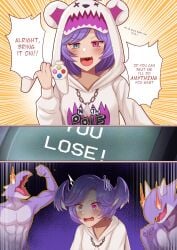 1girls 2boys clothed comic dragon_girl dragoon_(selen_tatsuki) fan_mascot_(vtuber) fan_mascot_focus_(vtuber) heterochromia lost_bet nijisanji nijisanji_en purple_hair selen_tatsuki sweater virtual_youtuber xanadu_avici xanaduavici