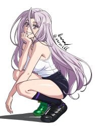 bare_thighs baron_(artist) big_breasts boots crouching crouching_female fuuto_pi kamen_rider kamen_rider_w long_hair shorts smiling socks thighs tokime varon666 white_hair