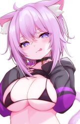 blush choker cute hololive hololive_gamers hololive_japan huge_breasts licking_lips looking_at_viewer micro_bikini nekomata_okayu neoteny seductive shirt_lift simple_background skindentation sparkling_eyes upper_body virtual_youtuber white_background