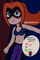 2d barbara_gordon batgirl batgirl_of_burnside_(comic) blue_eyes blush bra bra_lift clothed dc dc_comics feet feet_up light_skin looking_at_viewer orange_hair red_hair smile strip_game striped stripes underwear wishernsfw