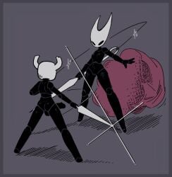 anthro arthropod ass breasts clothing discarded_clothing duo featureless_breasts female genitals hi_res hollow_knight hornet_(hollow_knight) male nekuzx nude penis protagonist_(hollow_knight) pussy simple_background team_cherry weapon