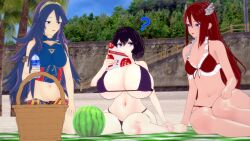 3d alternate_costume beach bikini blue_bikini blue_swimsuit breast_envy breast_size_difference breasts cordelia_(fire_emblem) cordelia_(summer)_(fire_emblem) daughter_is_bigger fire_emblem fire_emblem_awakening gigantic_breasts highres huge_breasts hyper_breasts large_breasts looking_at_viewer lucina_(fire_emblem) lucina_(summer)_(fire_emblem) morgan_(fire_emblem) morgan_(fire_emblem)_(female) mother_and_daughter nintendo pov red_bikini red_swimsuit rhcpftw small_breasts swimsuit tagme