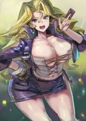 blonde_hair card clothing female huge_breasts jacket kazo kujaku_mai mai_valentine navel pose skirt smile voluptuous yu-gi-oh! yu-gi-oh!_duel_monsters