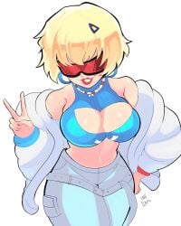 belt blonde_hair boob_window breasts cleavage crop_top earrings evie_(fortnite) fortnite glasses inugaami jacket long_sleeves necklace pants red-tinted_eyewear red_lipstick short_hair summitseeker_evie_(fortnite) tagme thick_thighs tinted_eyewear wide_hips