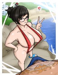 1girls areola areola_slip areolae areolae_slip barely_contained_breasts barely_covered big_balls big_breasts big_penis breasts brown_hair exposed_stomach female foreskin glasses huge_balls huge_cock human human_male large_breasts light-skinned_male light_skin male mei_(overwatch) nayaase_beleguii overwatch overwatch_2 red_sling_bikini red_slingshot_swimsuit roadhog short_hair skimpy skimpy_clothes skimpy_outfit sling_bikini slingshot_swimsuit smile solo uncircumcised uncut