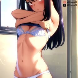 1girls ai_generated black_hair blush breasts female female_only gweenai hayase_nagatoro human indoors lingerie looking_at_viewer nude please_don't_bully_me,_nagatoro small_breasts solo source_removed stable_diffusion tan_body underwear undressing young